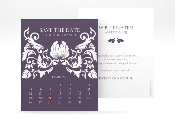 Save the Date-Kalenderblatt Royal Kalenderblatt-Karte lila mit barockem Blumen-Ornament