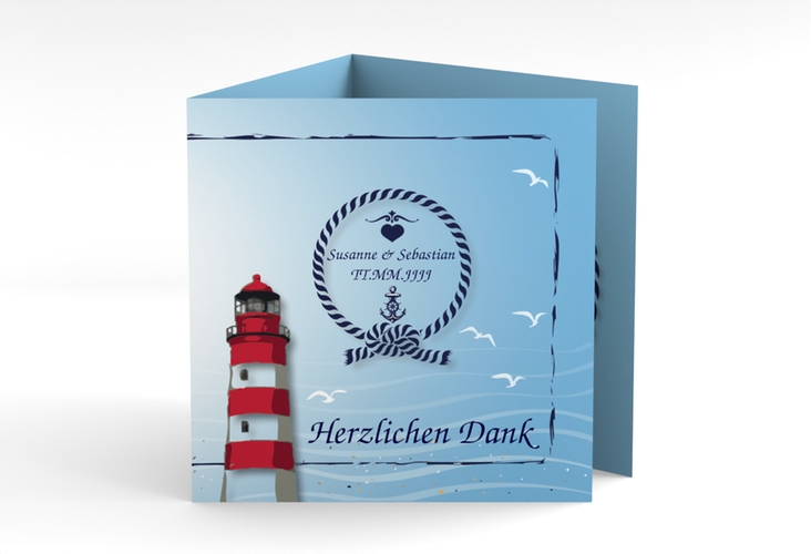 Danksagungskarte Hochzeit Sylt quadr. Doppel-Klappkarte blau mit Leuchtturm