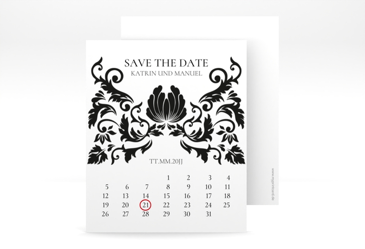 Save the Date-Kalenderblatt Royal Kalenderblatt-Karte weiss mit barockem Blumen-Ornament