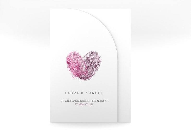 Hochzeitseinladung Fingerprint mittlere Bogen-Wickelfalzkarte pink schlicht mit Fingerabdruck-Motiv