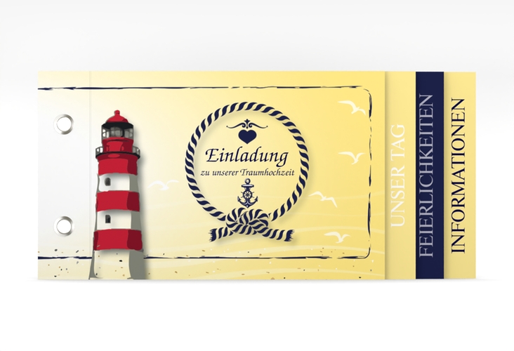 Hochzeitseinladung Sylt Booklet gelb mit Leuchtturm