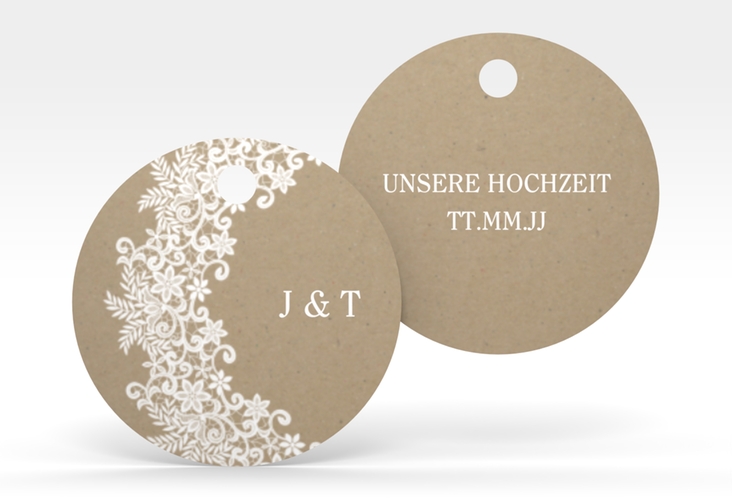 Geschenkanhänger Hochzeit Mariage Geschenkanhänger, rund Kraftpapier mit Bogen aus weißer Spitze