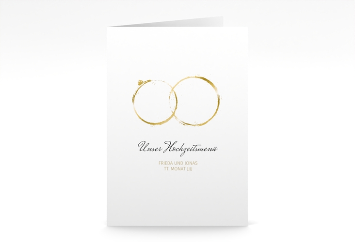 Menükarte Hochzeit Trauringe A5 Klappkarte hoch gold minimalistisch gestaltet mit zwei Eheringen