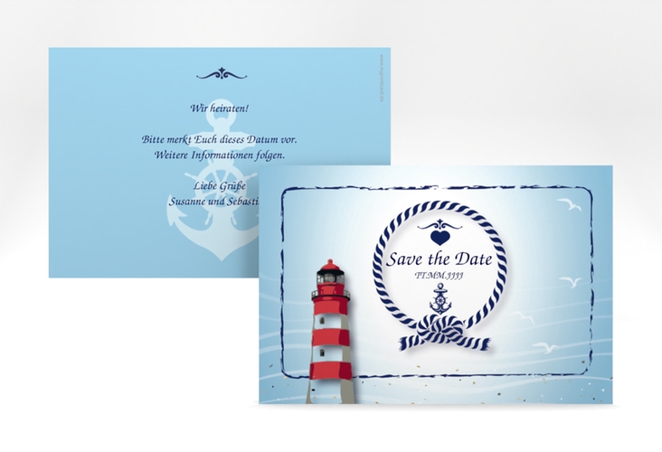 Save the Date-Karte Hochzeit Sylt A6 Karte quer blau mit Leuchtturm