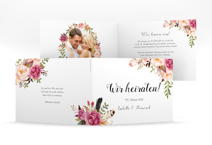 Hochzeitseinladung Flowers mittlere Klappkarte quer weiss hochglanz mit bunten Aquarell-Blumen