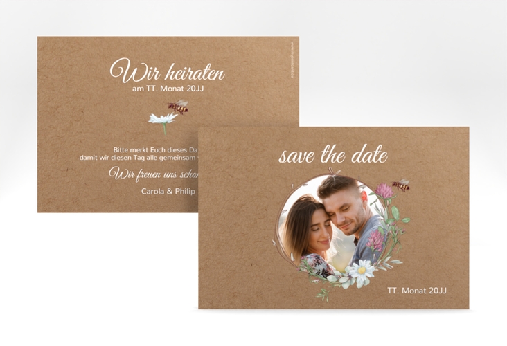 Save the Date-Karte Honey A6 Karte quer mit Wiesenblumen und Biene