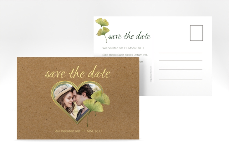 Save the Date-Postkarte Ginko A6 Postkarte mit Herz und zwei Ginkgo-Blättern