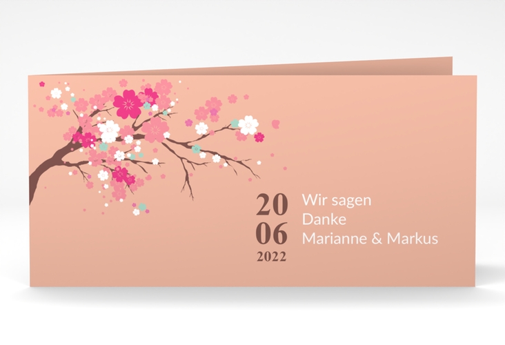 Danksagungskarte Hochzeit Sakura lange Klappkarte quer apricot hochglanz