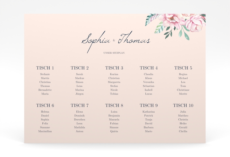 Sitzplan Poster Hochzeit Blooming 70 x 50 cm Poster rosa