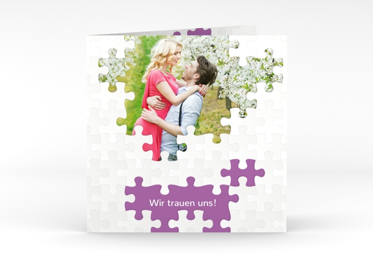 Hochzeitseinladung Puzzle quadr. Klappkarte lila hochglanz