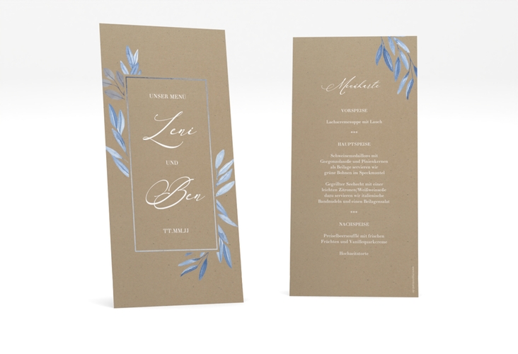 Menükarte Hochzeit Classicblue lange Karte hoch Kraftpapier