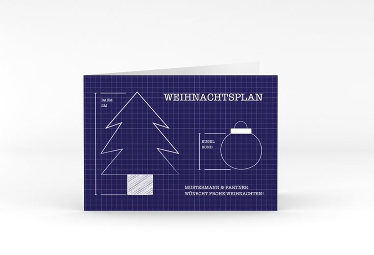 Geschäftliche Weihnachtskarte Blaupause A6 Klappkarte quer hochglanz mit technischer Zeichnung von Weihnachtsbaum und Baumkugel