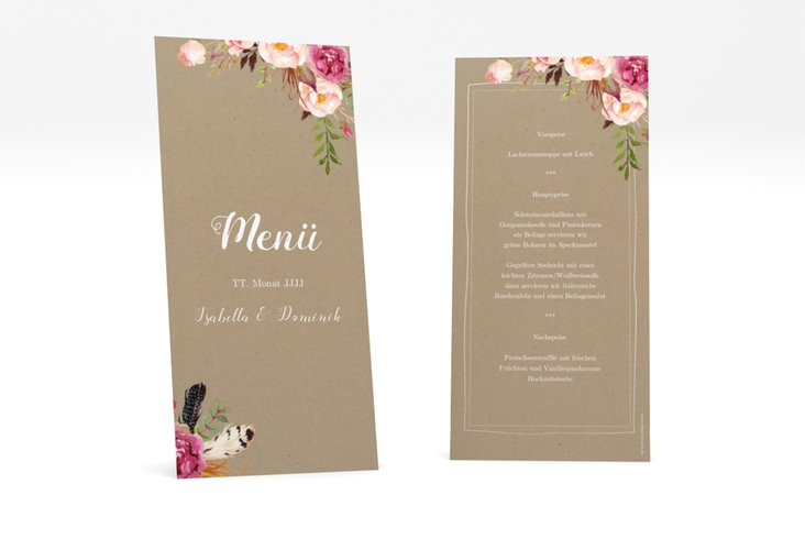 Menükarte Hochzeit Flowers lange Karte hoch Kraftpapier mit bunten Aquarell-Blumen