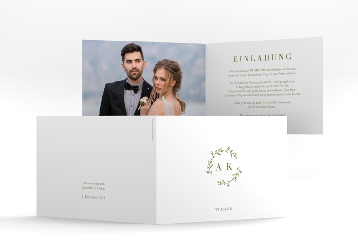 Hochzeitseinladung Filigrana A6 Klappkarte quer gruen in reduziertem Design mit Initialen und zartem Blätterkranz