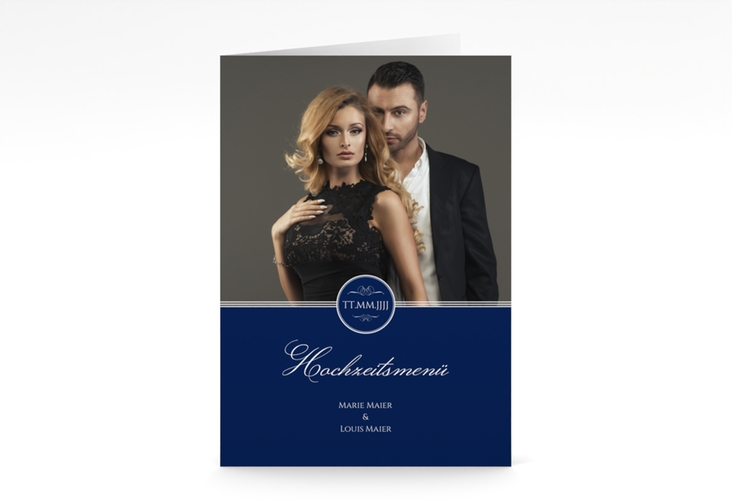 Menükarte Hochzeit Elegancy A5 Klappkarte hoch blau