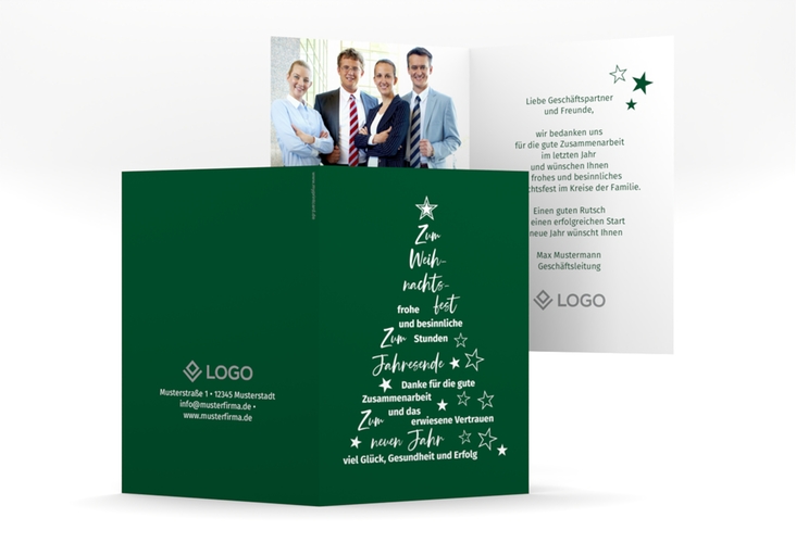 Geschäftliche Weihnachtskarte Oh Tannenbaum A6 Klappkarte hoch mit Weihnachtsbaum aus Glückwünschen und Sternen