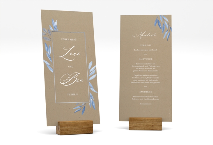 Menükarte Hochzeit Classicblue lange Karte hoch Kraftpapier