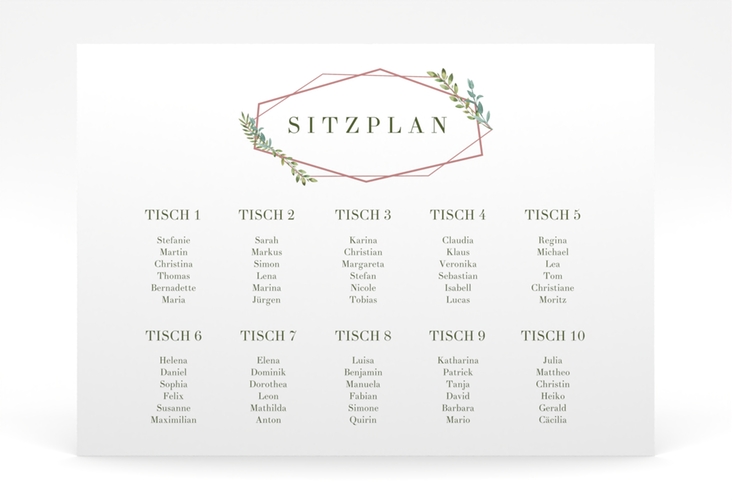 Sitzplan Poster Hochzeit Herbarium 70 x 50 cm Poster rosa mit geometrischem Rahmen und Blätter-Dekor