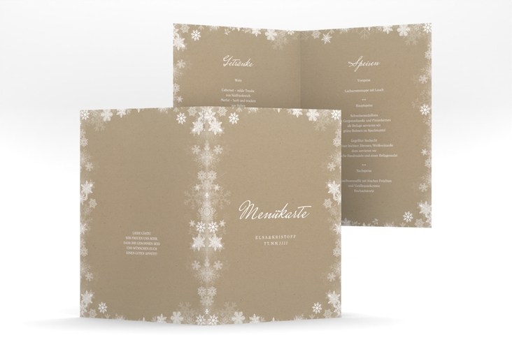 Menükarte Hochzeit Snowfall A5 Klappkarte hoch Kraftpapier mit Schneeflocken für Winterhochzeit