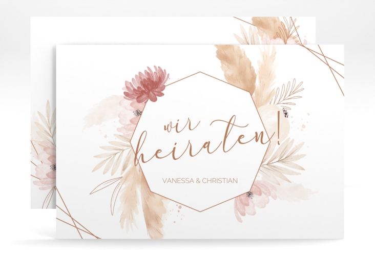 Save the Date-Karte Bohostyle A6 Karte quer beige mit Pampasgras in Aquarell