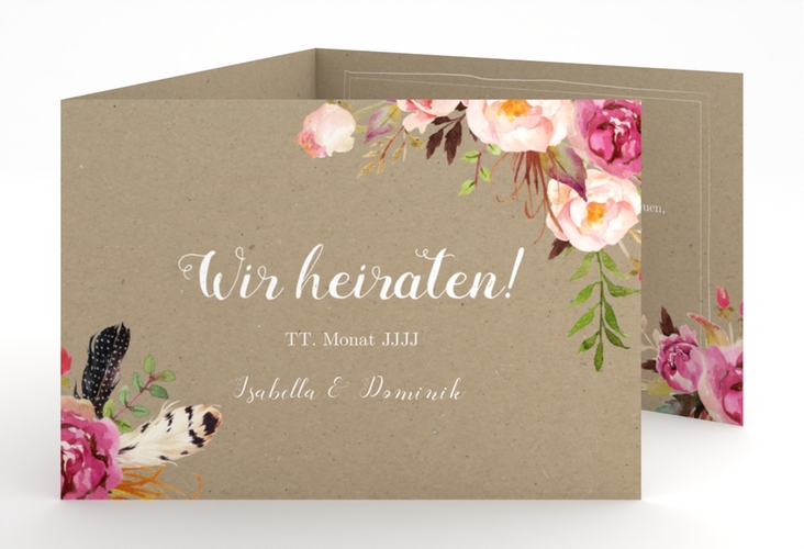 Hochzeitseinladung Flowers A6 Doppel-Klappkarte Kraftpapier mit bunten Aquarell-Blumen