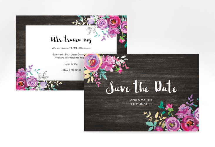 Save the Date-Karte Flourish A6 Karte quer schwarz mit floraler Bauernmalerei auf Holz