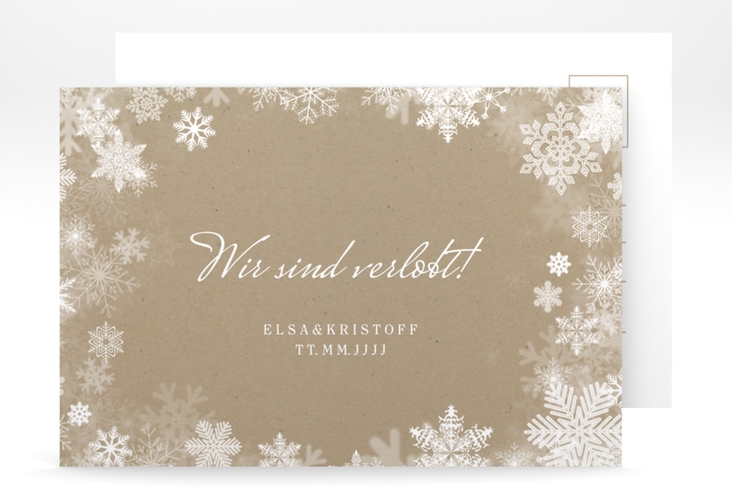 Verlobungskarte Hochzeit Snowfall A6 Postkarte Kraftpapier mit Schneeflocken für Winterhochzeit