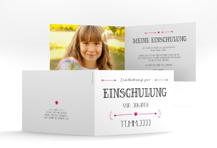 Einschulungskarte Druckschrift A6 Klappkarte quer pink