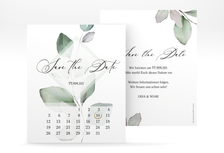 Save the Date-Kalenderblatt Foglia Kalenderblatt-Karte edel mit Eukalyptus im Aquarell-Design