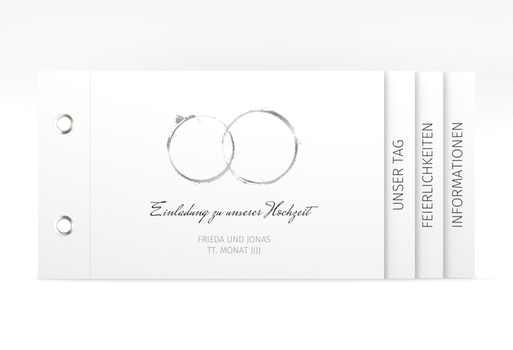 Hochzeitseinladung Trauringe Booklet grau minimalistisch gestaltet mit zwei Eheringen