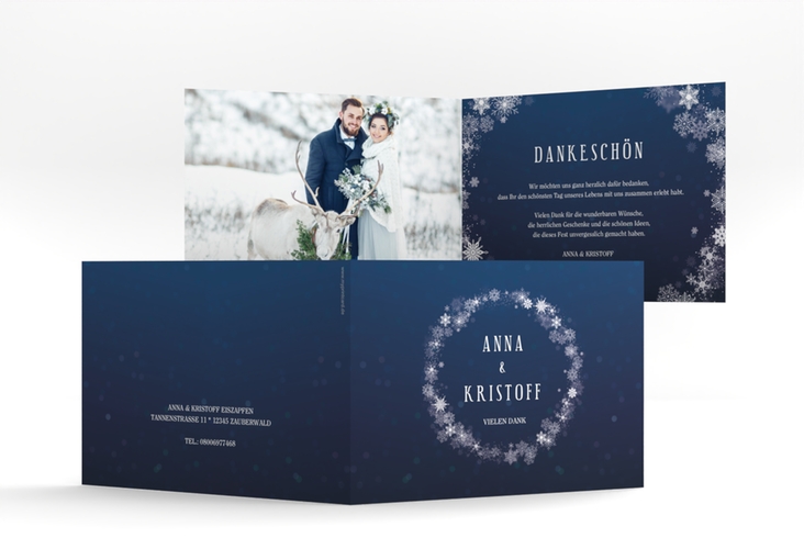 Danksagungskarte Hochzeit Winterdream A6 Klappkarte quer mit Eisblumen