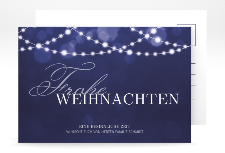 Weihnachtskarte Lichterzauber A6 Postkarte blau elegant mit Lichterkette und Bokeh