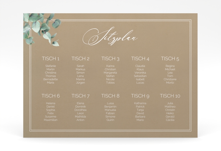 Sitzplan Poster Hochzeit Eucalypt 70 x 50 cm Poster Kraftpapier mit Eukalyptus und edlem Rahmen