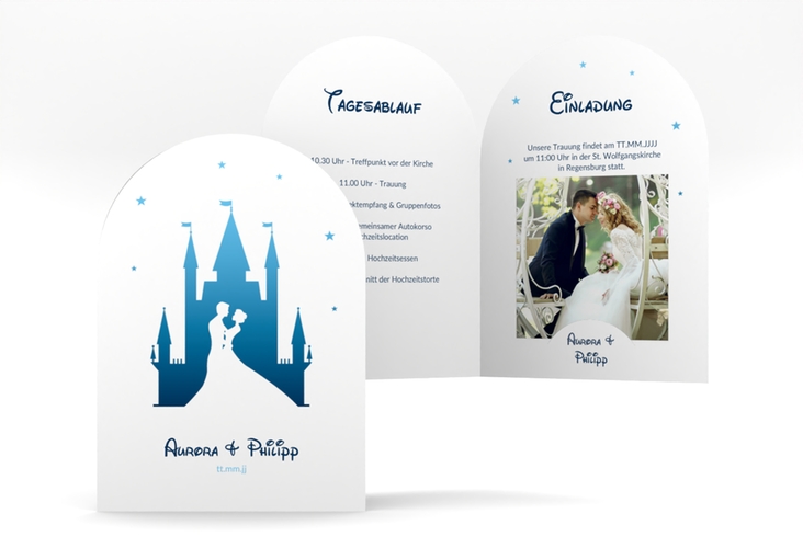 Einladungskarte Hochzeit Castle A6 Bogen-Klappkarte + Foto blau