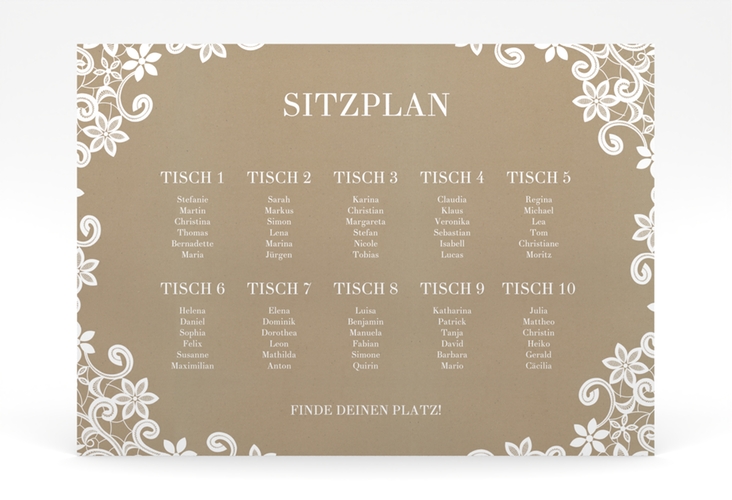 Sitzplan Poster Hochzeit Bella 70 x 50 cm Poster mit weißer Brautspitze um Initialen