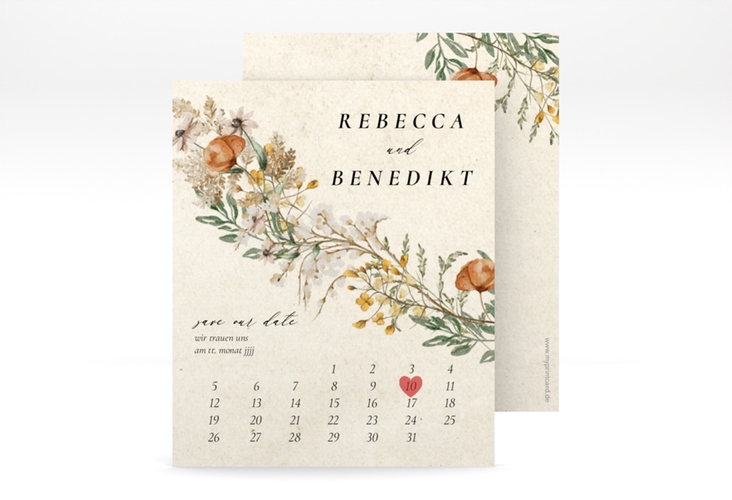 Save the Date-Kalenderblatt Wildfang Kalenderblatt-Karte beige mit getrockneten Wiesenblumen