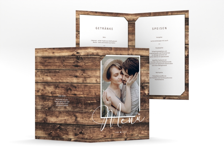 Menükarte Hochzeit Rustic A5 Klappkarte hoch braun hochglanz in Holz-Optik mit Foto