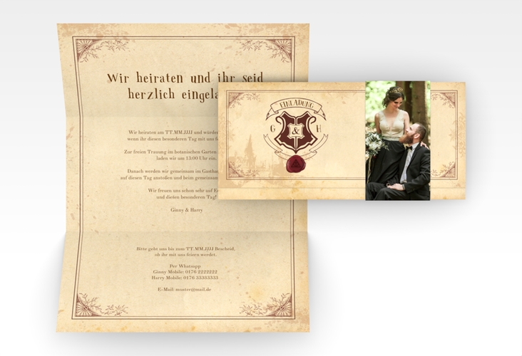 Hochzeitseinladung Zauberkunst Wickelfalzkarte + Banderole mit Fantasy-Wappen, Siegel und Zauberschule