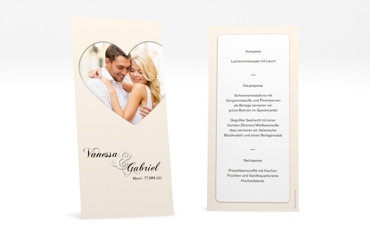 Menükarte Hochzeit Sweetheart lange Karte hoch beige