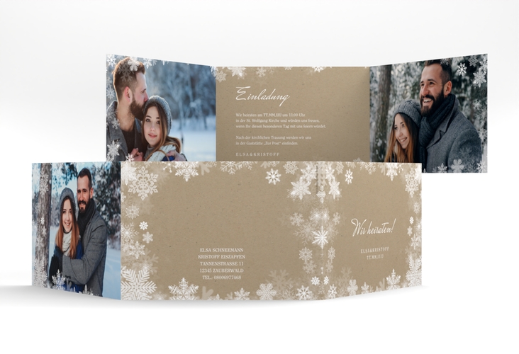 Hochzeitseinladung Snowfall A6 Doppel-Klappkarte Kraftpapier mit Schneeflocken für Winterhochzeit