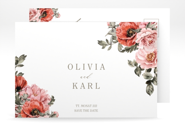 Save the Date-Postkarte Grazioso A6 Postkarte weiss modern mit Mohnblumen und Rosen