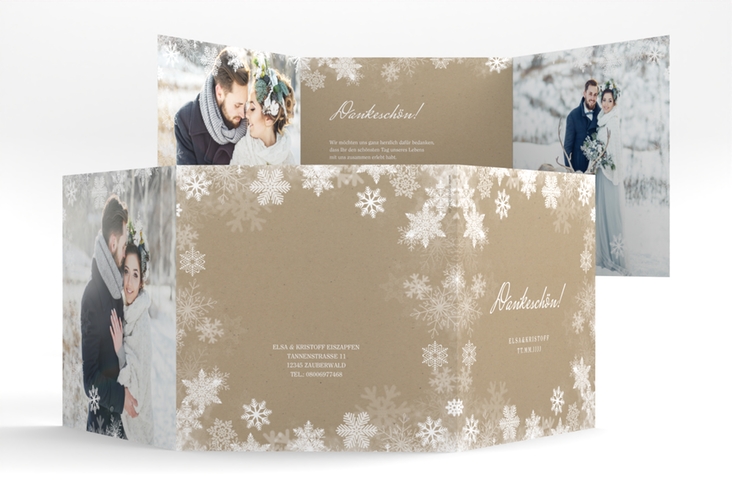 Dankeskarte Hochzeit Snowfall quadr. Doppel-Klappkarte mit Schneeflocken für Winterhochzeit