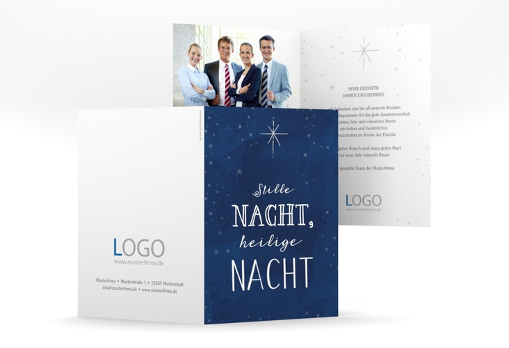 Business-Weihnachtskarte Weihnachtszeit A6 Klappkarte hoch blau mit Stern am Nachthimmel