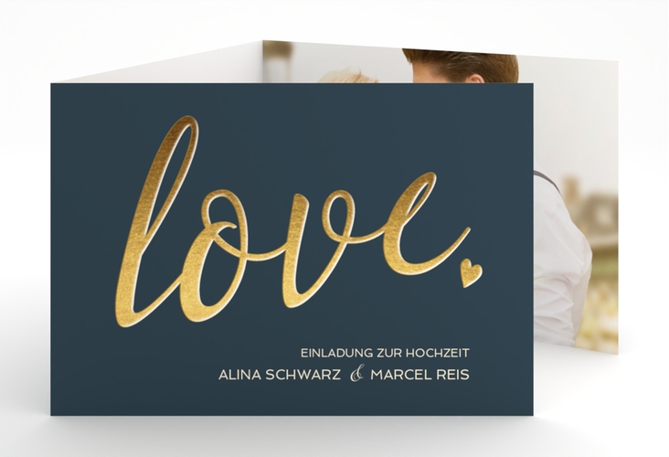 Hochzeitseinladung Glam A6 Doppel-Klappkarte blau