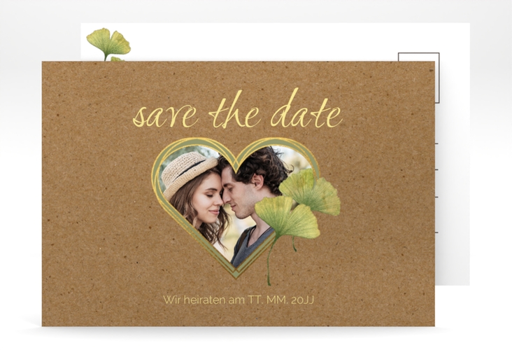 Save the Date-Postkarte Ginko A6 Postkarte mit Herz und zwei Ginkgo-Blättern