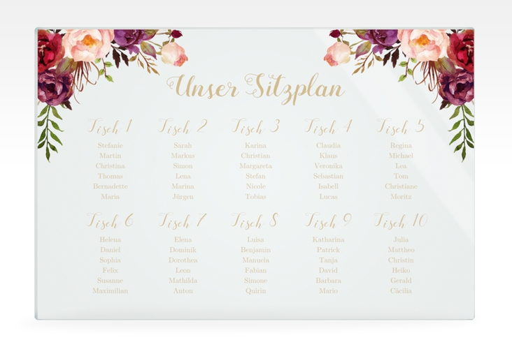 Sitzplan Acryl Hochzeit Flowers 60 x 40 cm Acryl blau mit bunten Aquarell-Blumen