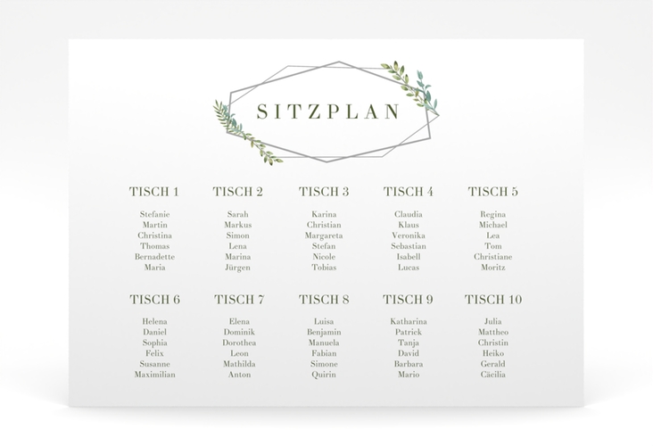 Sitzplan Poster Hochzeit Herbarium 70 x 50 cm Poster grau mit geometrischem Rahmen und Blätter-Dekor