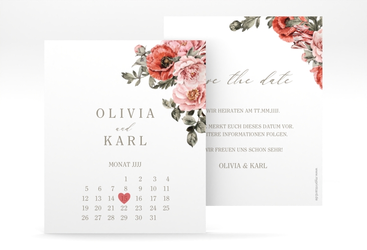 Save the Date-Kalenderblatt Grazioso Kalenderblatt-Karte weiss modern mit Mohnblumen und Rosen