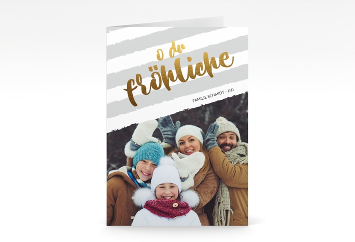 Weihnachtskarte Weihnachtslied A6 Klappkarte hoch gestreift mit Familienfoto