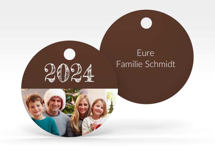 Geschenkanhänger Weihnachten Besinnlichkeit Geschenkanhänger, rund braun zum Personalisieren mit Jahreszahl und Foto